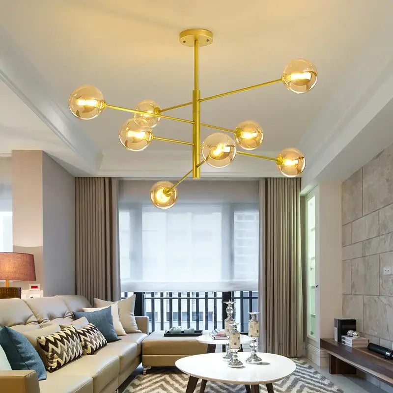 Gold g9 led modern chandelier with six spherical glass bulbs for living room decorbites black gold style
