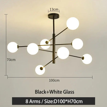 Modern black metal led chandelier with eight white glass globe lights featuring decorbites black gold design