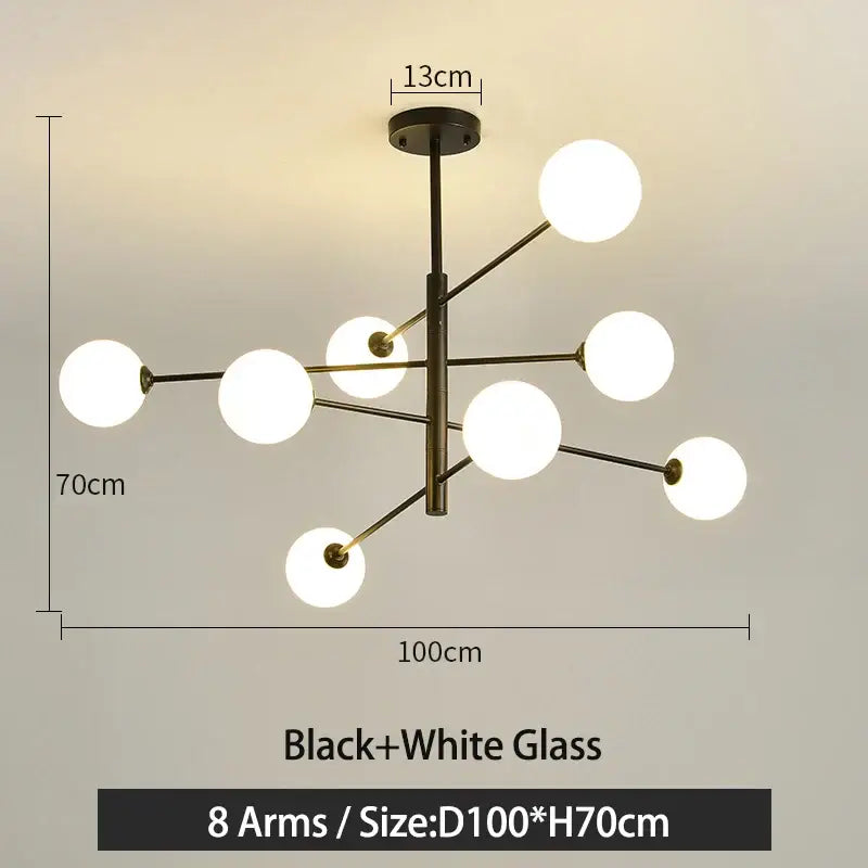 Modern black metal led chandelier with eight white glass globe lights featuring decorbites black gold design