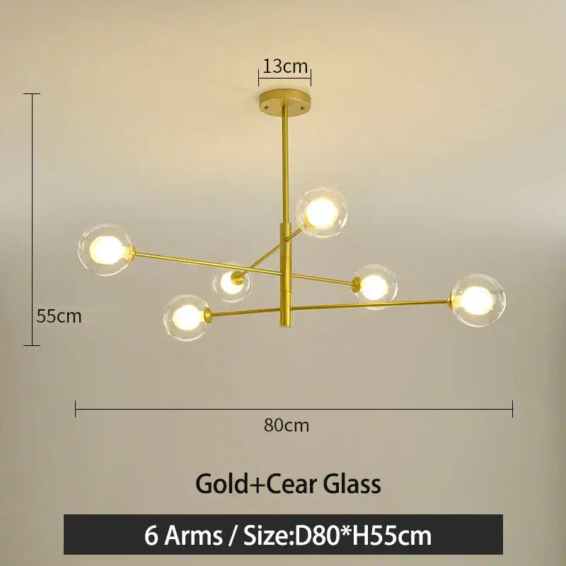 Gold g9 led chandelier with six clear glass globe bulbs in modern decorbites black gold design for living room lighting