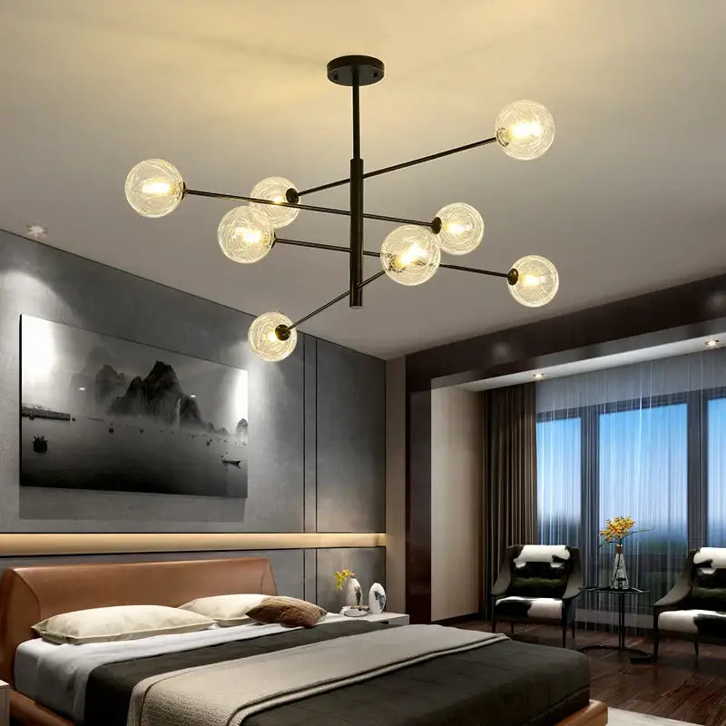 Modern black metal led chandelier with six clear glass globe bulbs for living room decorbites black gold g9 led light