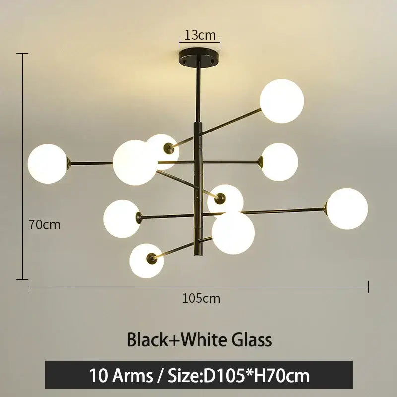Modern black metal led chandelier with ten white glass globes featuring decorbites black gold g9 led design for living room