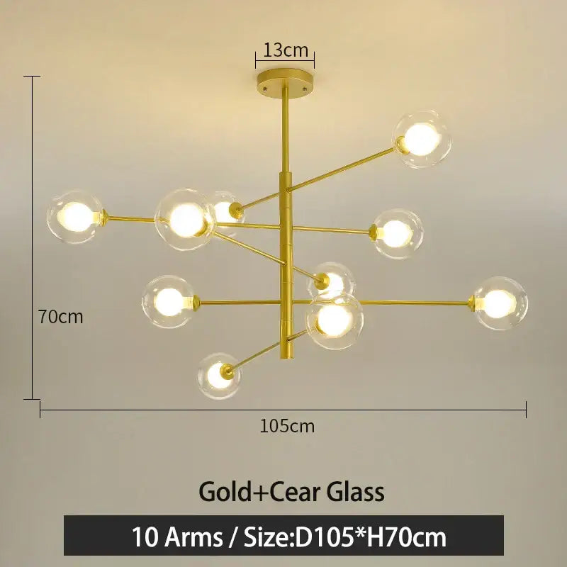 Gold g9 led chandelier with ten clear glass globe bulbs in decorbites black gold finish for modern living room decor