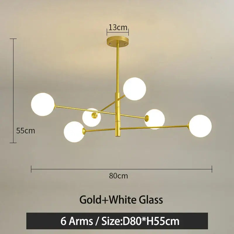 Modern black and gold g9 led chandelier with six spherical white glass globes for living room decorbites black gold