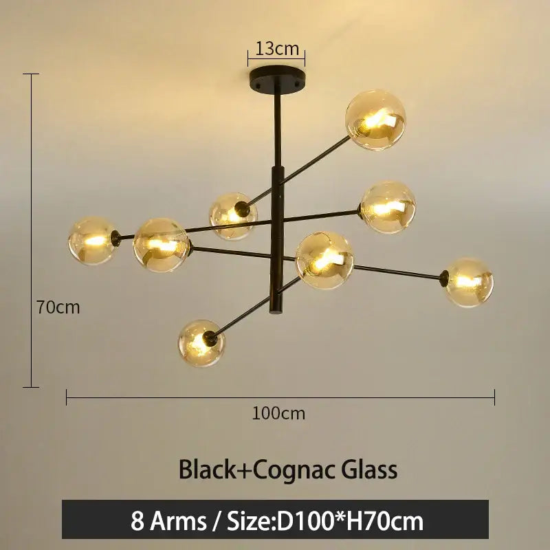 Modern black and gold g9 led chandelier with eight arms and cognac glass globes by decorbites black gold