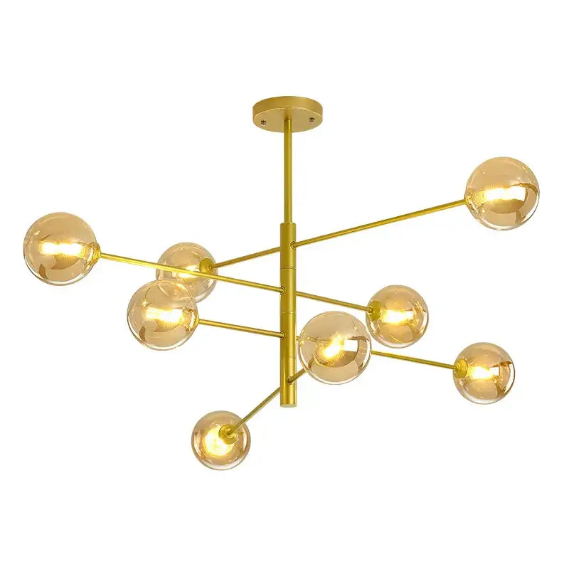 Modern black and gold g9 led chandelier with six amber glass globe bulbs in a branching design by decorbites black gold
