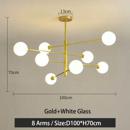 Modern black gold g9 led chandelier with eight gold-finished arms and white glass globes for living room decorbites LED chandelier