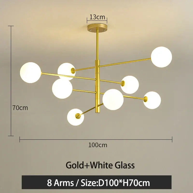 Modern black gold g9 led chandelier with eight gold-finished arms and white glass globes for living room decorbites LED chandelier