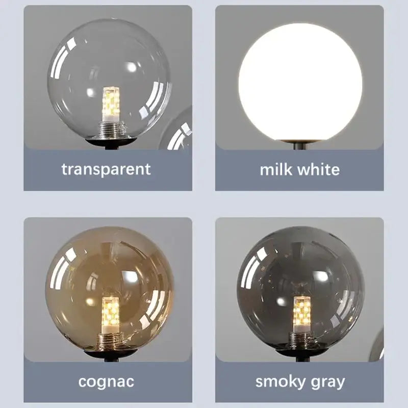 Modern black and gold glass ball led chandelier with spherical glass globe bulbs in transparent milk white cognac and smoky gray finishes for dining room decorbites glass ball gold black