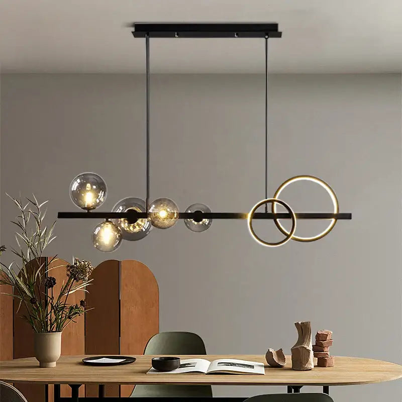 Modern black and gold glass ball led chandelier with spherical bulbs and intersecting rings for dining room decorbites glass ball