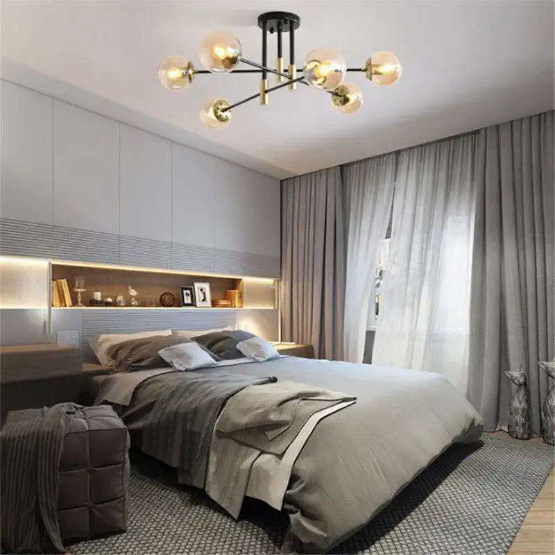 Modern black and brass decorbites glass ball led chandelier with spherical bulbs for living room decor