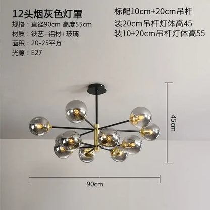 Modern black and gold decorbites glass ball led chandelier with smoked glass globes and brass accent for living room lighting