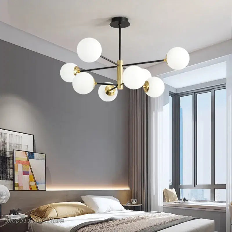 Modern black and gold glass ball led chandelier with multiple white spherical globes for living room decorbites glass ball