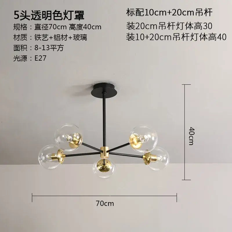 Modern black and brass glass ball led chandelier with five clear globe shades for living room decorbites glass ball design