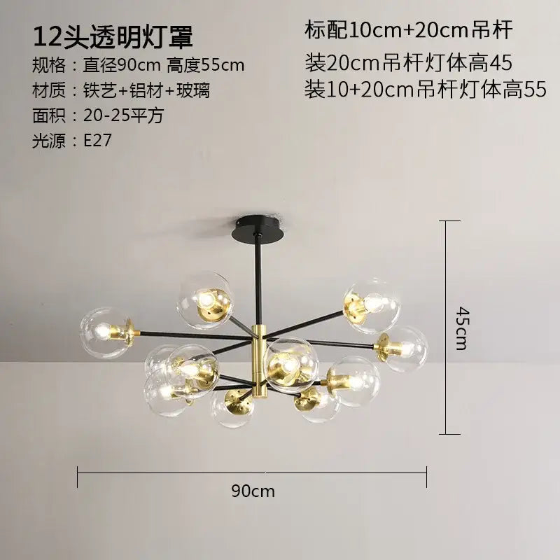 Modern black and gold decorbites glass ball led chandelier with twelve clear glass globes and brass metal arms for living room light