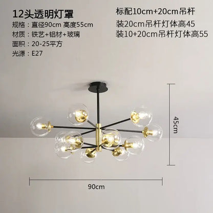 Modern black and gold decorbites glass ball led chandelier with twelve clear glass globes and brass metal arms for living room light