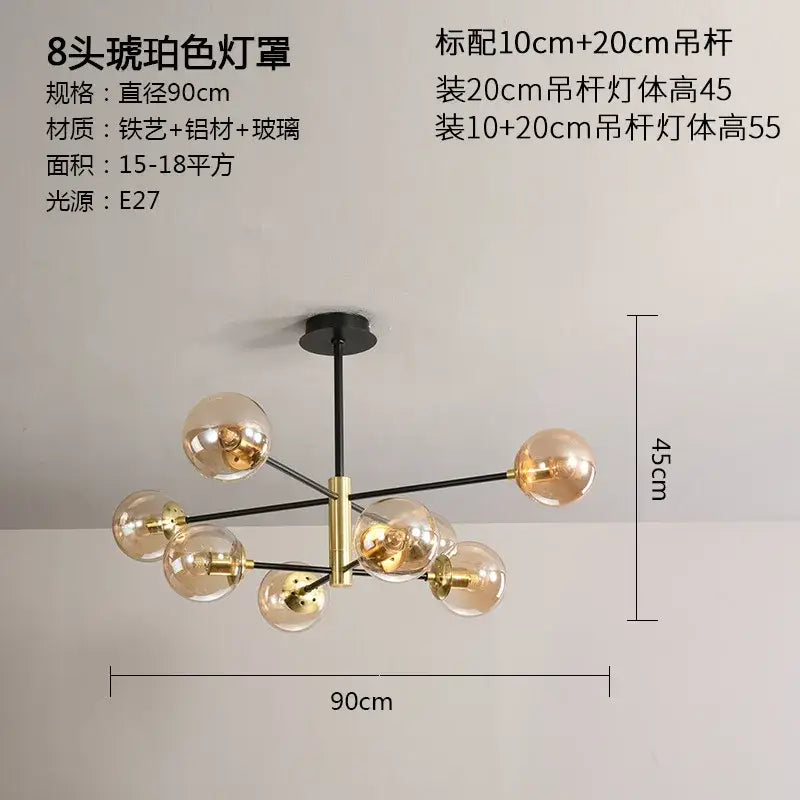Modern black and gold glass ball led chandelier with eight frosted glass heads and brass metal frame for living room decorbites glass ball