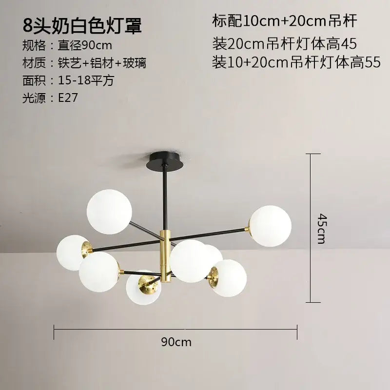Modern black and gold glass ball led chandelier with frosted white globes and sleek metal frame for living room decorbites glass ball