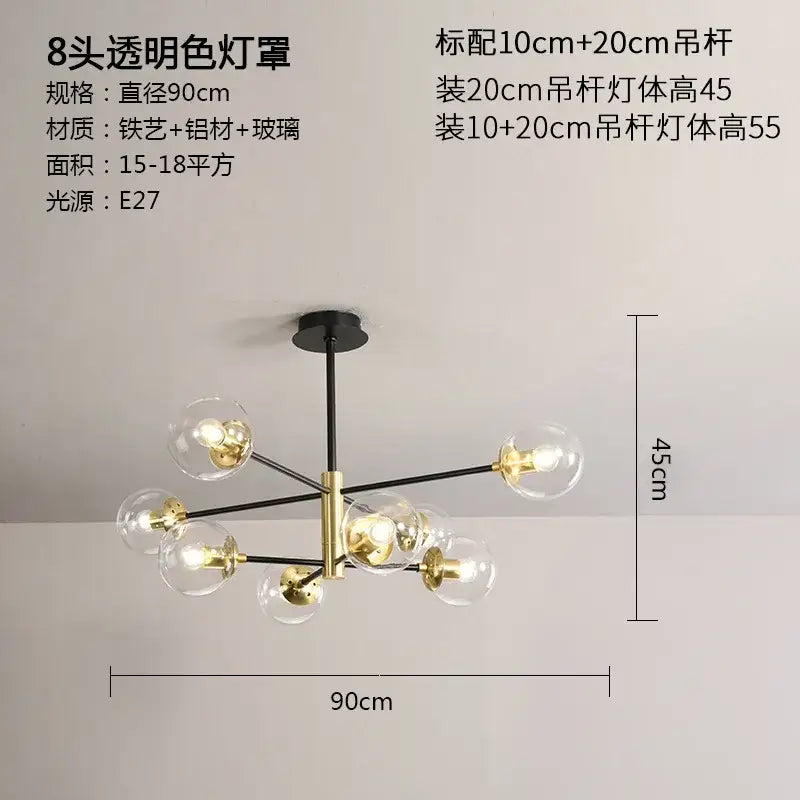 Modern black and gold glass ball led chandelier with eight clear glass globe shades and black metal arms for living room decorbites glass ball