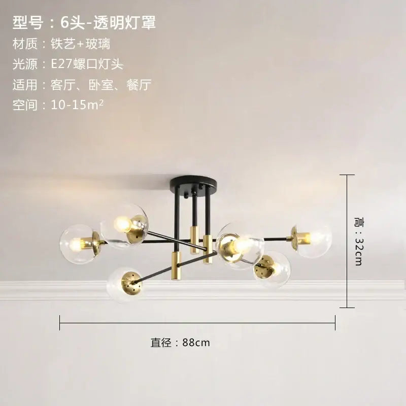 Modern black and gold glass ball led chandelier with six clear spherical shades and brass accents for living room decorbites glass ball