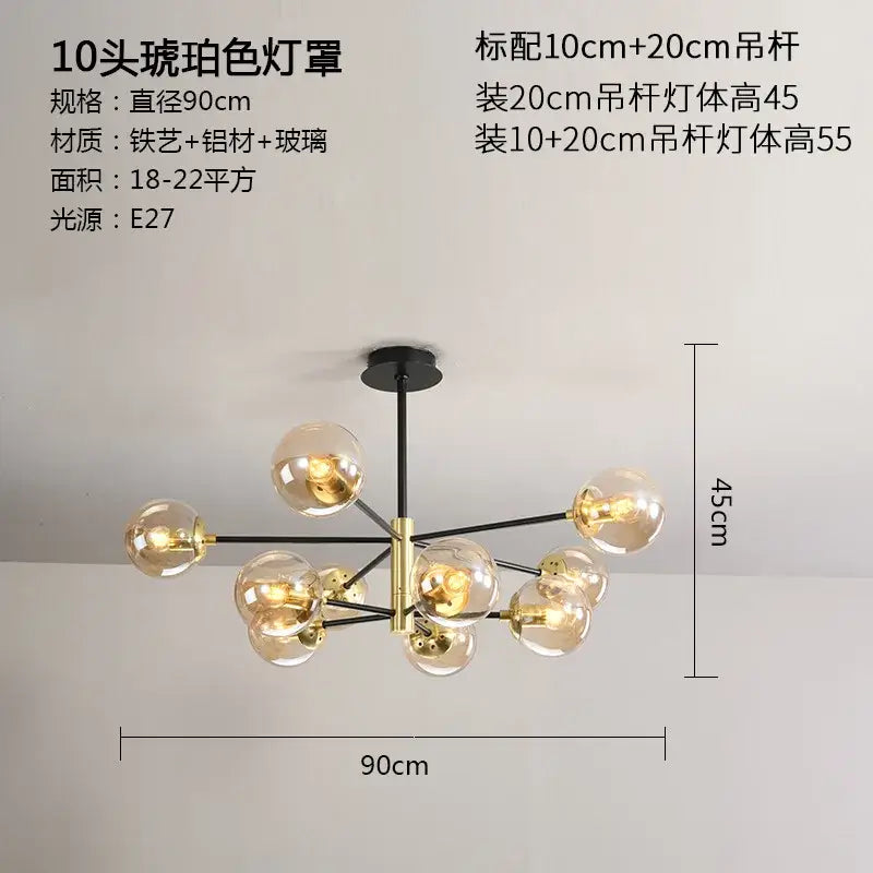 Modern black and gold glass ball led chandelier with ten frosted glass globe shades and metal arms for living room decorbites glass ball lighting
