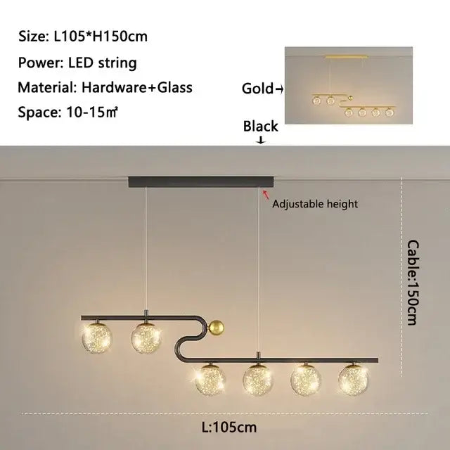 Modern black and gold chandelier pendant with curved metal frame and five glass ball led globe shades for dining room decorbites