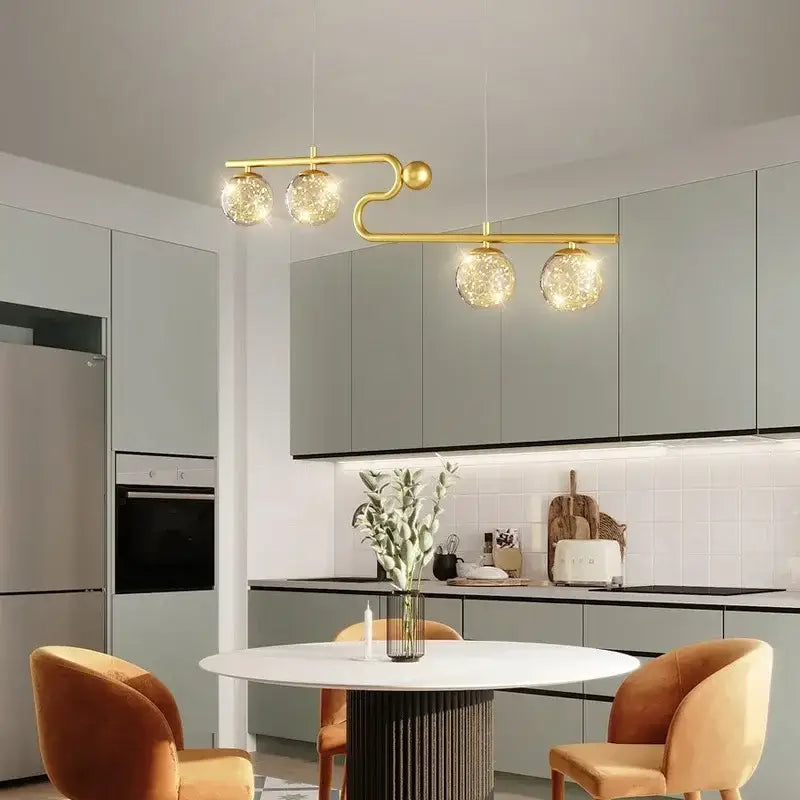 Modern black and gold glass ball led chandelier pendant with four spherical glass globe shades for dining room decorbites