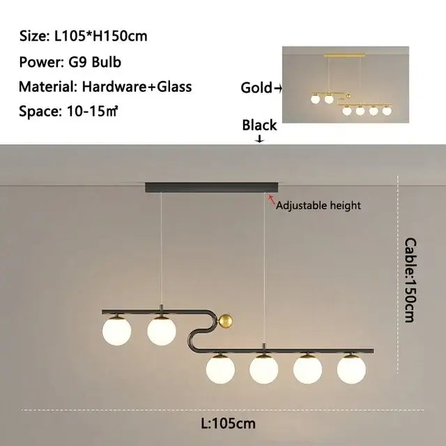 Modern black metal and glass ball led chandelier pendant with five frosted glass bulbs for dining room decorbites lighting