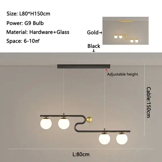Modern black and gold metal chandelier pendant with three frosted glass ball led bulbs by decorbites for dining room decor