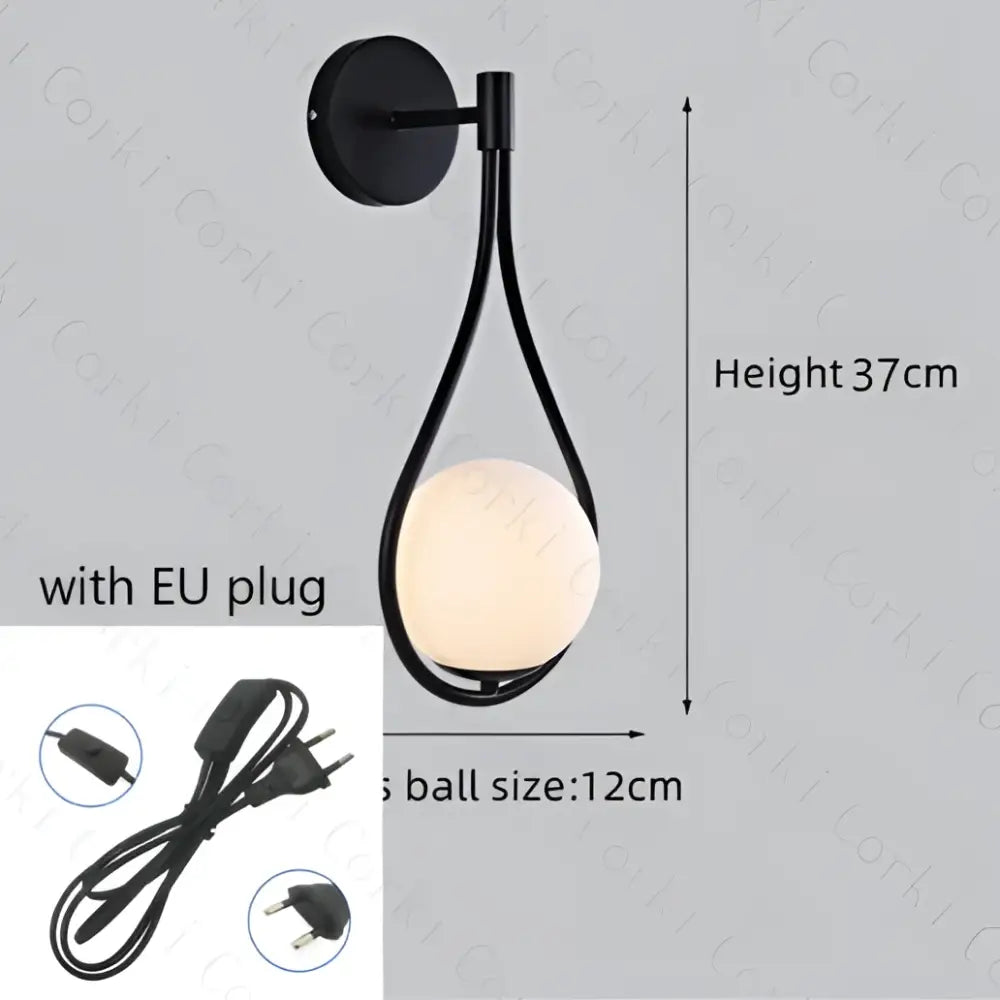 Modern black metal wall lamp with a teardrop frame holding an illuminated frosted decorbites glass ball led globe
