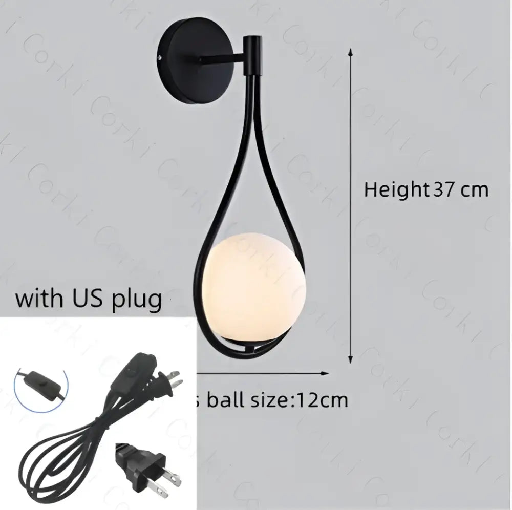 Modern black metal wall lamp with teardrop frame and off-white spherical glass ball led for bedroom decorbites glass ball