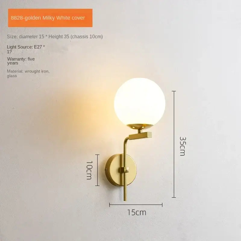 Modern black and gold wall lamp with milky white glass ball led shade and wrought iron arm for bedroom decorbites glass ball