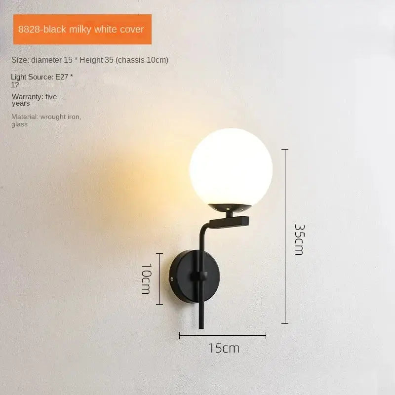 Modern black wrought iron wall lamp with milky white glass ball led globe for elegant bedroom decorbites glass ball sconce