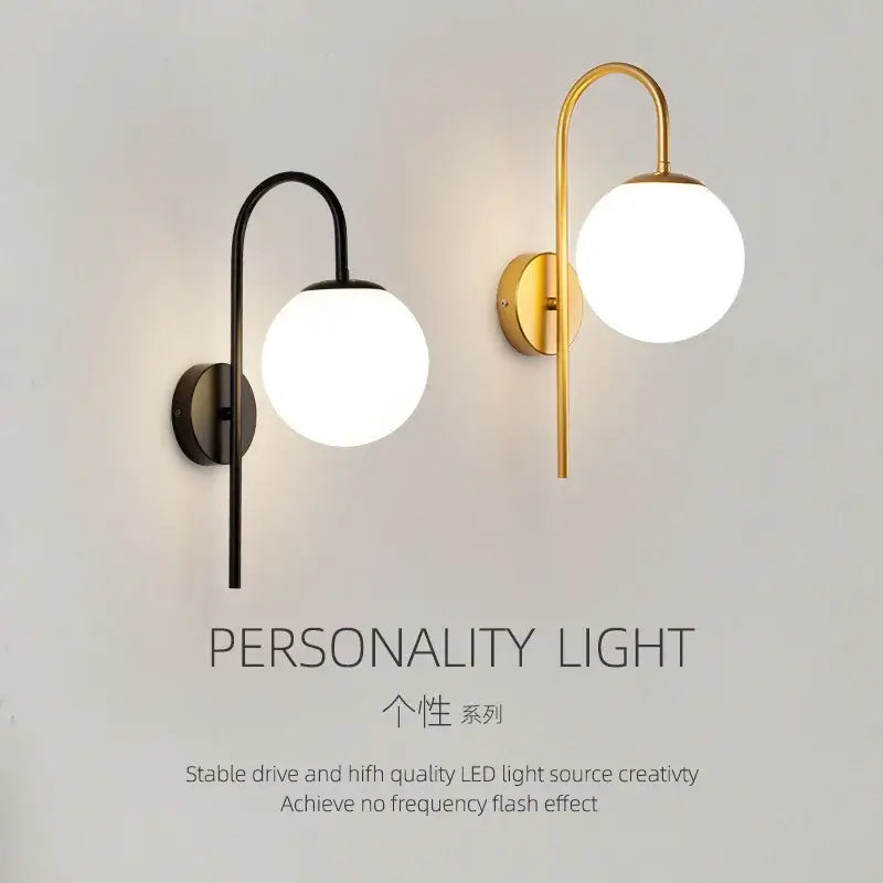 Modern black and gold glass ball led wall light with curved metal arm and frosted glass shade for bedroom decorbites glass ball