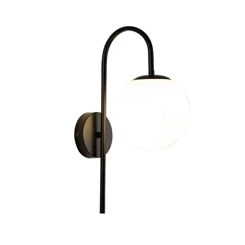 Modern black metal wall sconce with curved arm and frosted glass globe decorbites glass ball led bedroom light