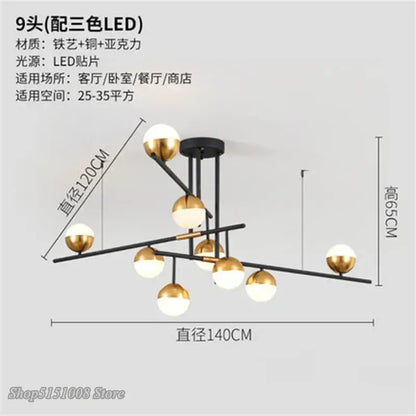 Modern black and gold glass ball pendant lamp with nine spherical led lights for dining room decorbites pendant lamp