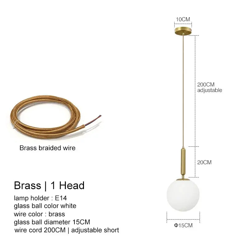 Minimalist decorbites glass ball pendant light with white glass globe, brass finish, and adjustable 200cm cord for dining room