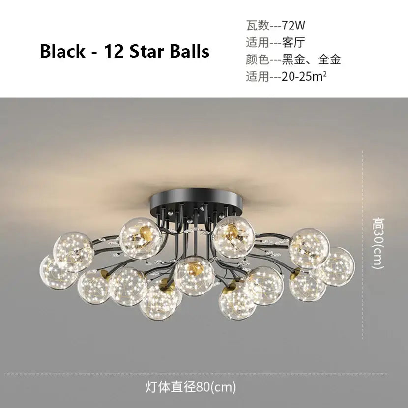Modern black and gold decorbites glass bubble ceiling light with 12-star clear glass orbs and metallic base for living room