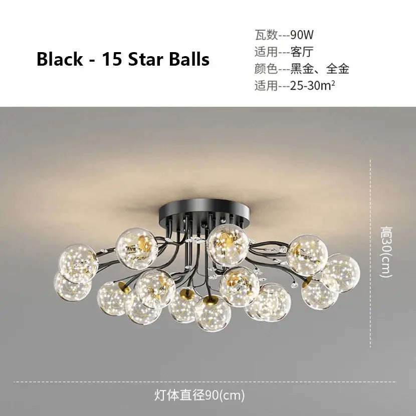 Modern black and gold glass bubble ball ceiling light with 15 stars clear glass orbs and metallic arms for living room decorbites
