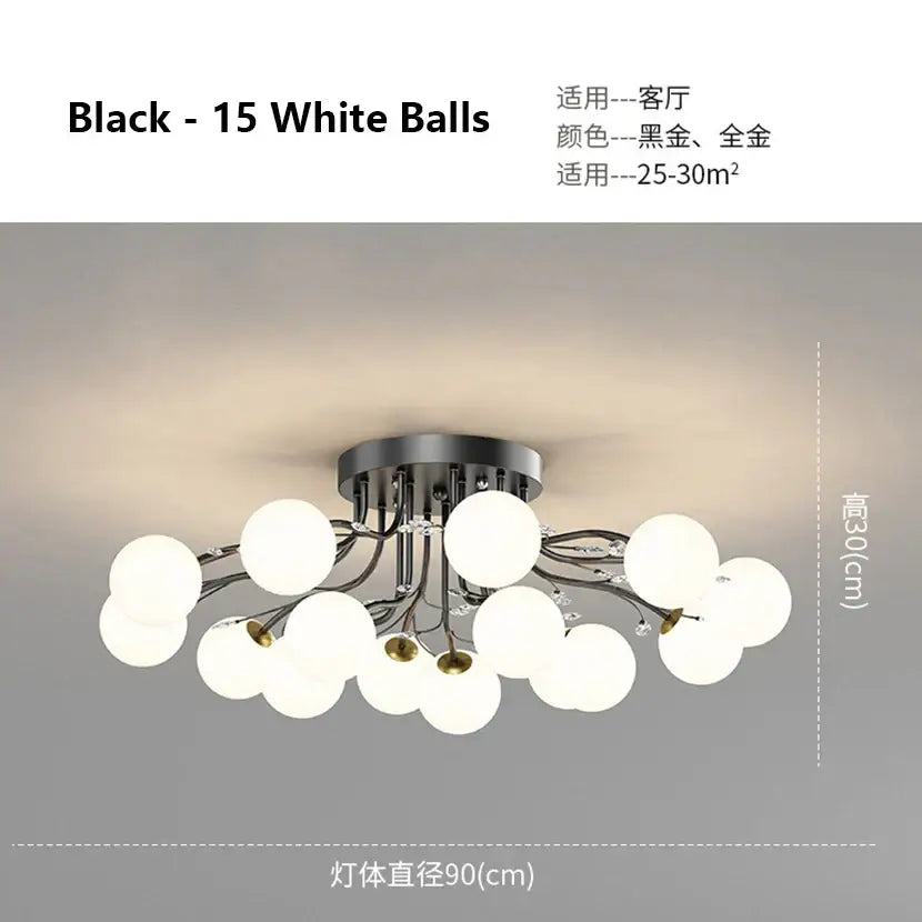 Modern black and gold decorbites glass bubble ball ceiling light with 15 white bulbs in a branching design for living room