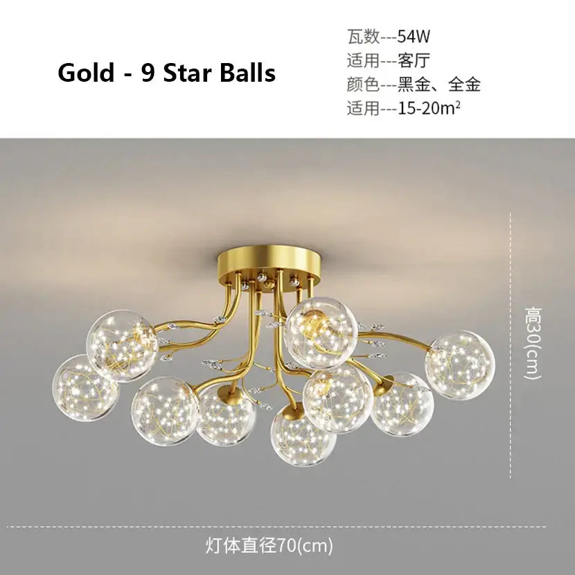 Modern black and gold glass bubble ball ceiling light with nine clear glass spheres and sparkling LED decorbites lighting