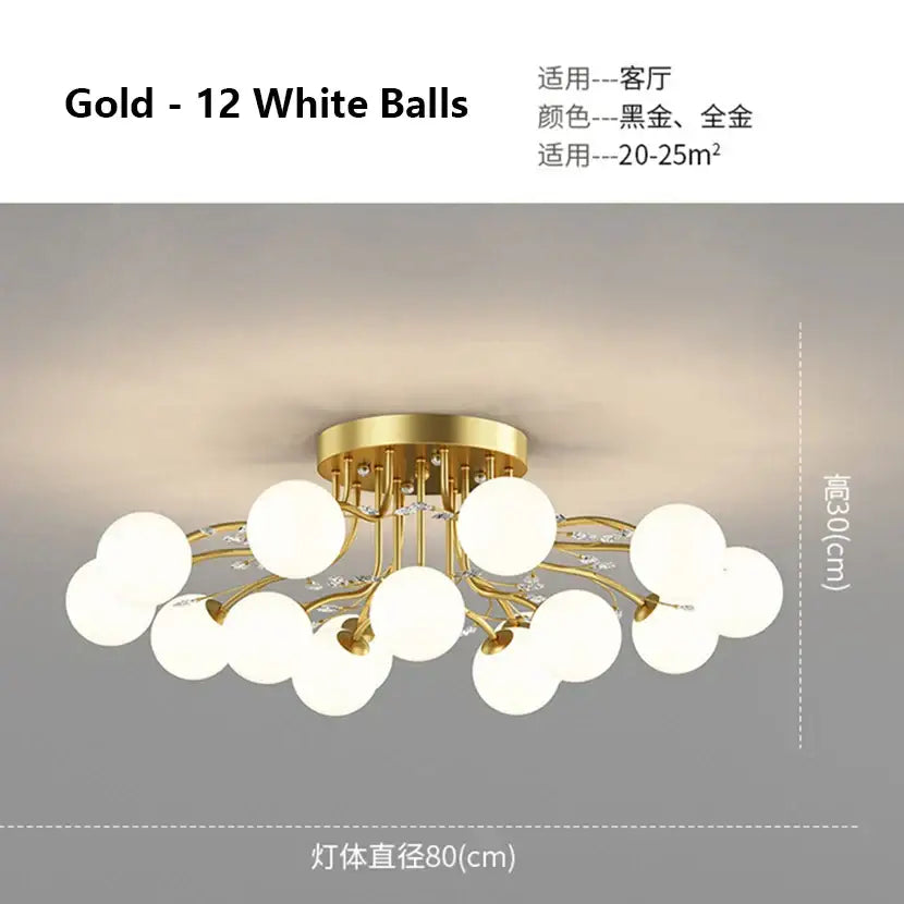 Modern gold ceiling light with twelve white glass bubble ball bulbs and crystal accents for living room decorbites glass bubble