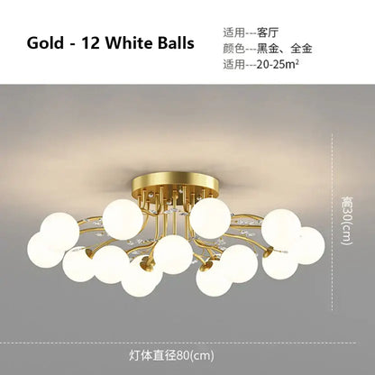 Modern black and gold decorbites glass bubble ball ceiling light with twelve white bulbs and crystal accents for living room decor