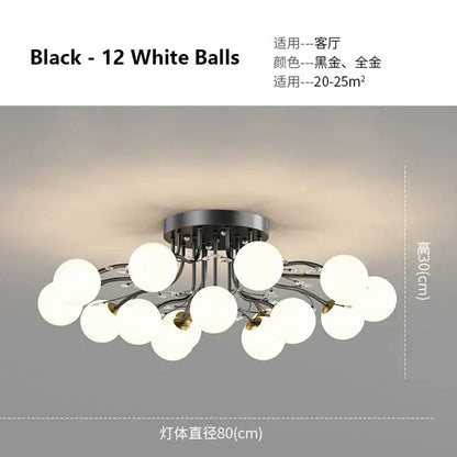 Modern black and gold decorbites glass bubble ball ceiling light with twelve frosted white bulbs for living room decor