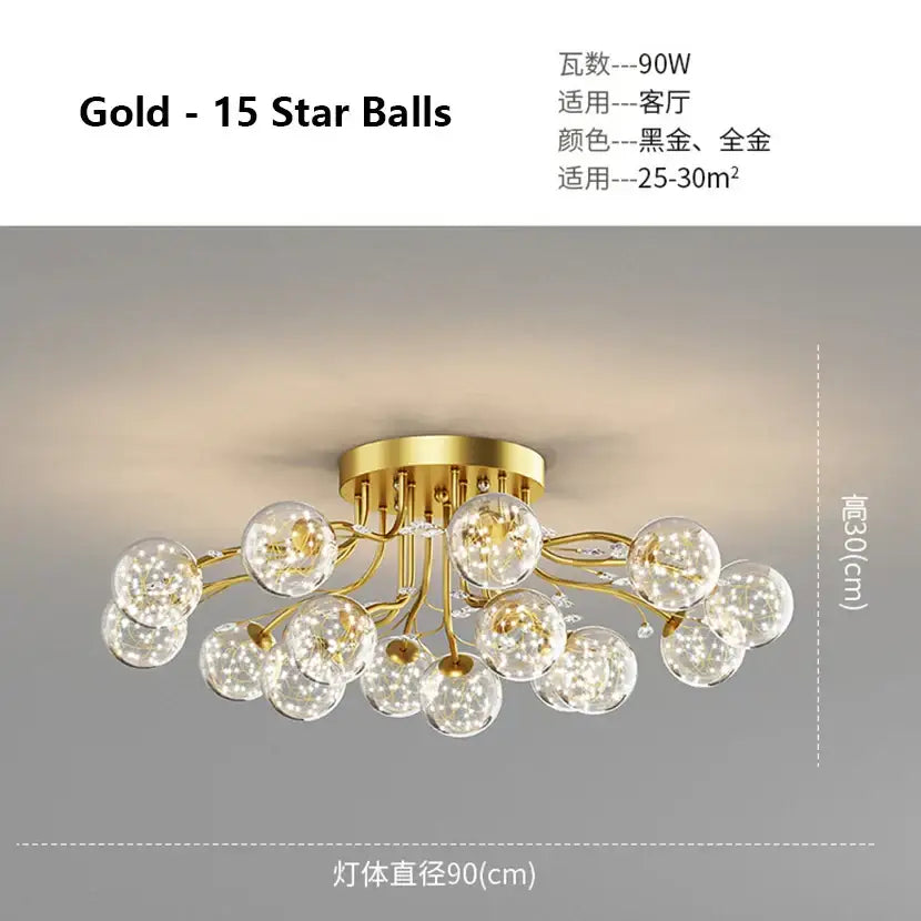 Modern black and gold glass bubble ball ceiling light fixture with fifteen clear glass bulbs for living room decorbites ceiling light
