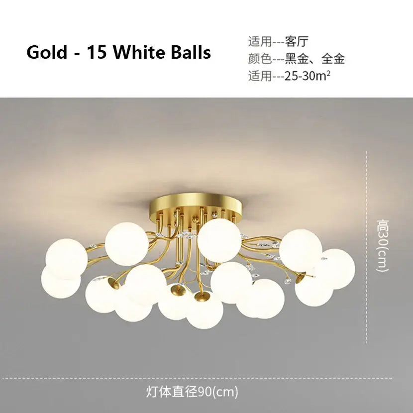 Modern black and gold glass bubble ball ceiling light with fifteen white bulbs and crystal accents for living room decorbites ceiling light