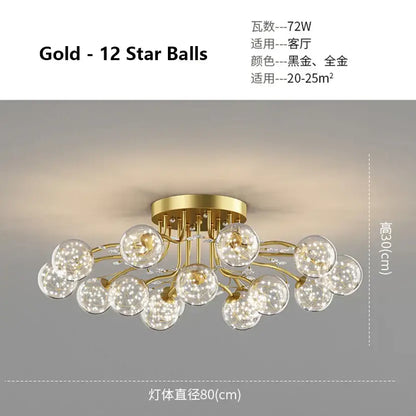 Gold-colored decorbites glass bubble ball ceiling light with twelve clear glass bulbs in starburst pattern for living room