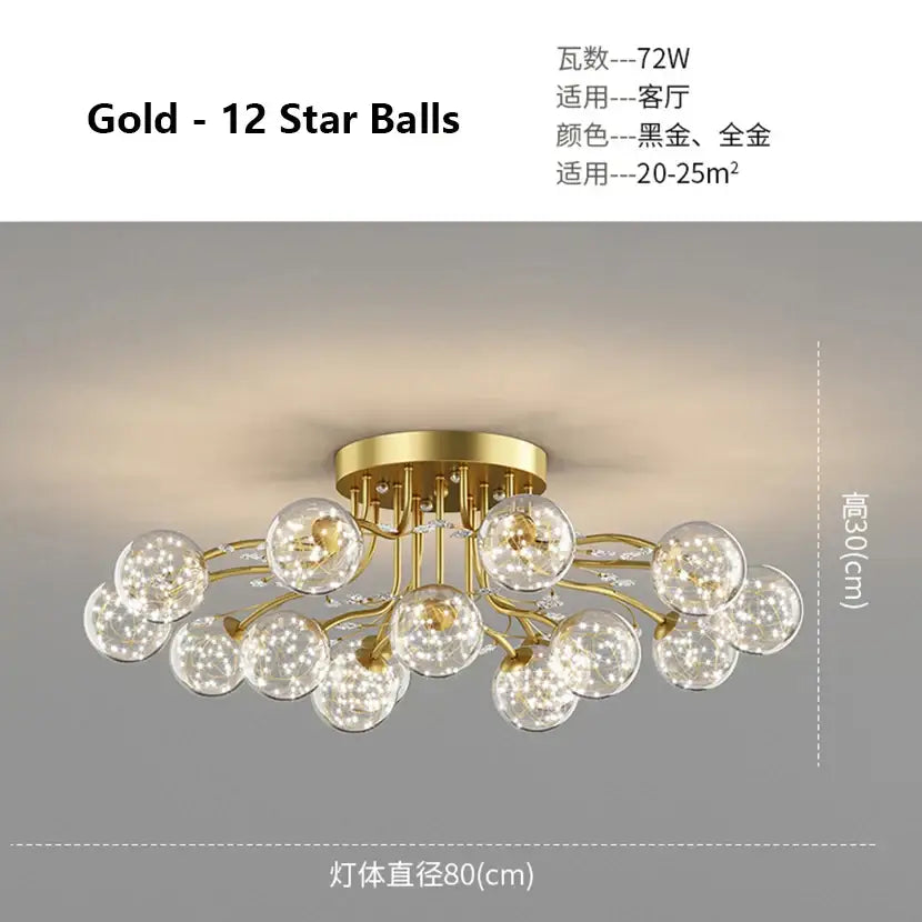 Modern black and gold glass bubble ball ceiling light with twelve clear glass bubbles in a starburst pattern for living room decorbites ceiling light