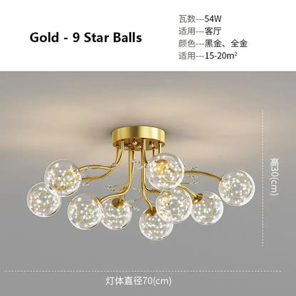 Modern black and gold glass bubble ball ceiling light with nine clear glass spheres featuring sparkling led lights