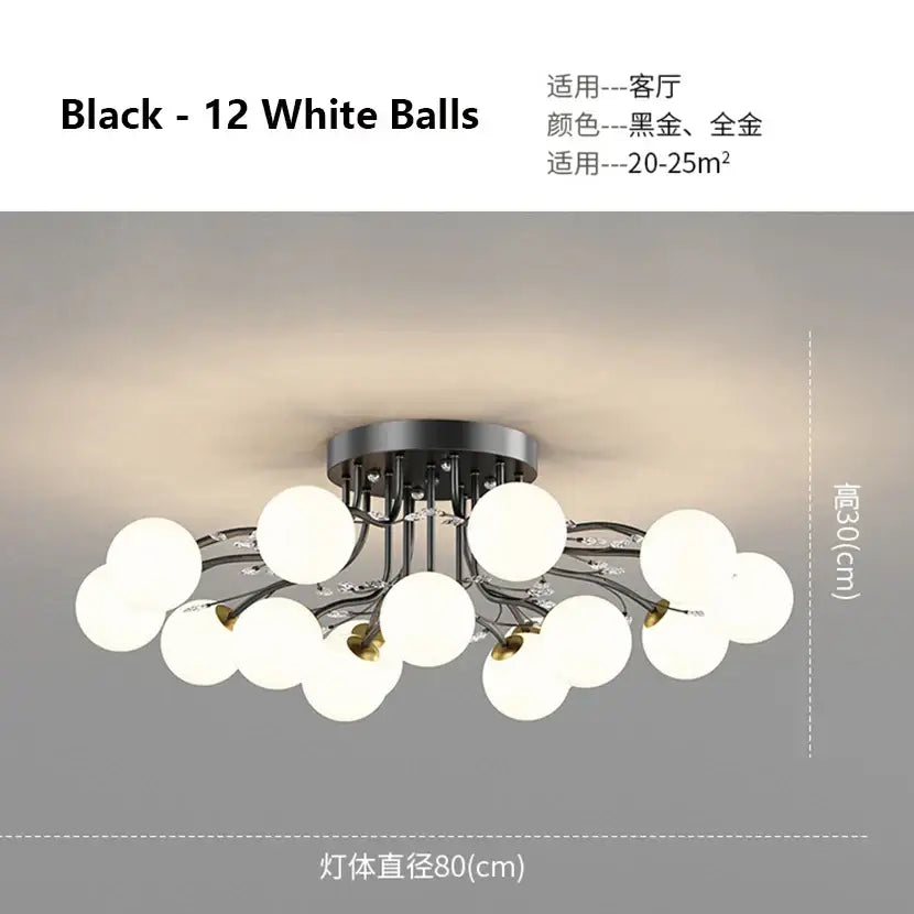 Modern black ceiling light with twelve frosted glass bubble ball bulbs in a branching decorbites glass bubble design